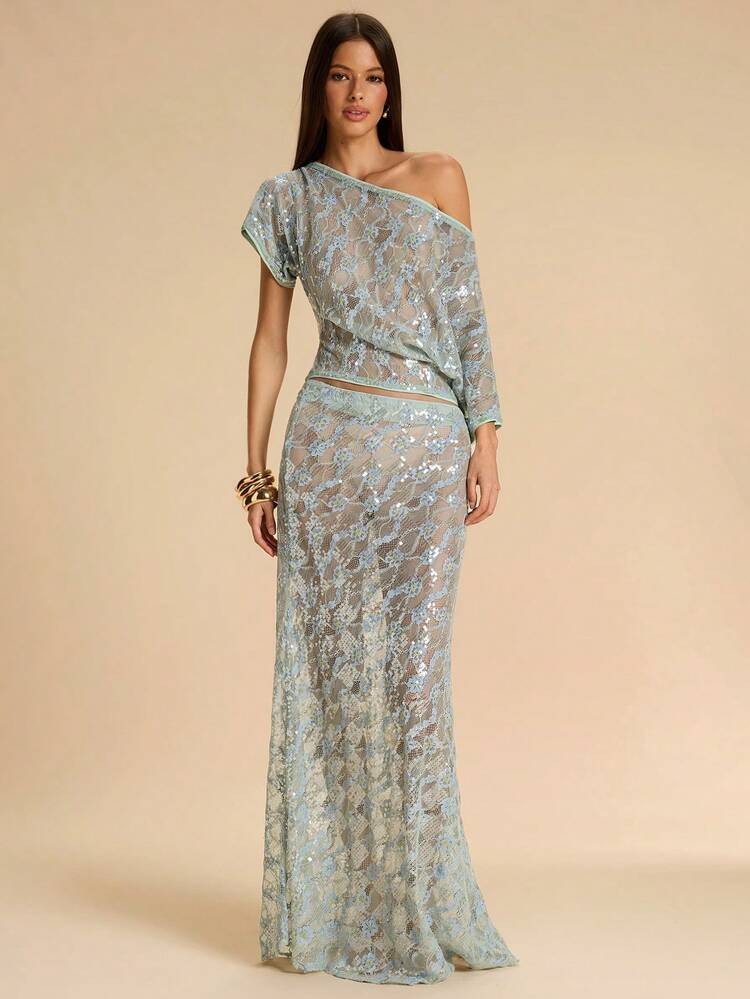 SHEIN BAE Sheer Blue-Green Lace Skirt, Elegant Skirt, Spring/Summer Skirt, Suitable For Nightclub Party, Outing, Summer Dress, Beach Vacation, Work/Office, Business Casual | SHEIN