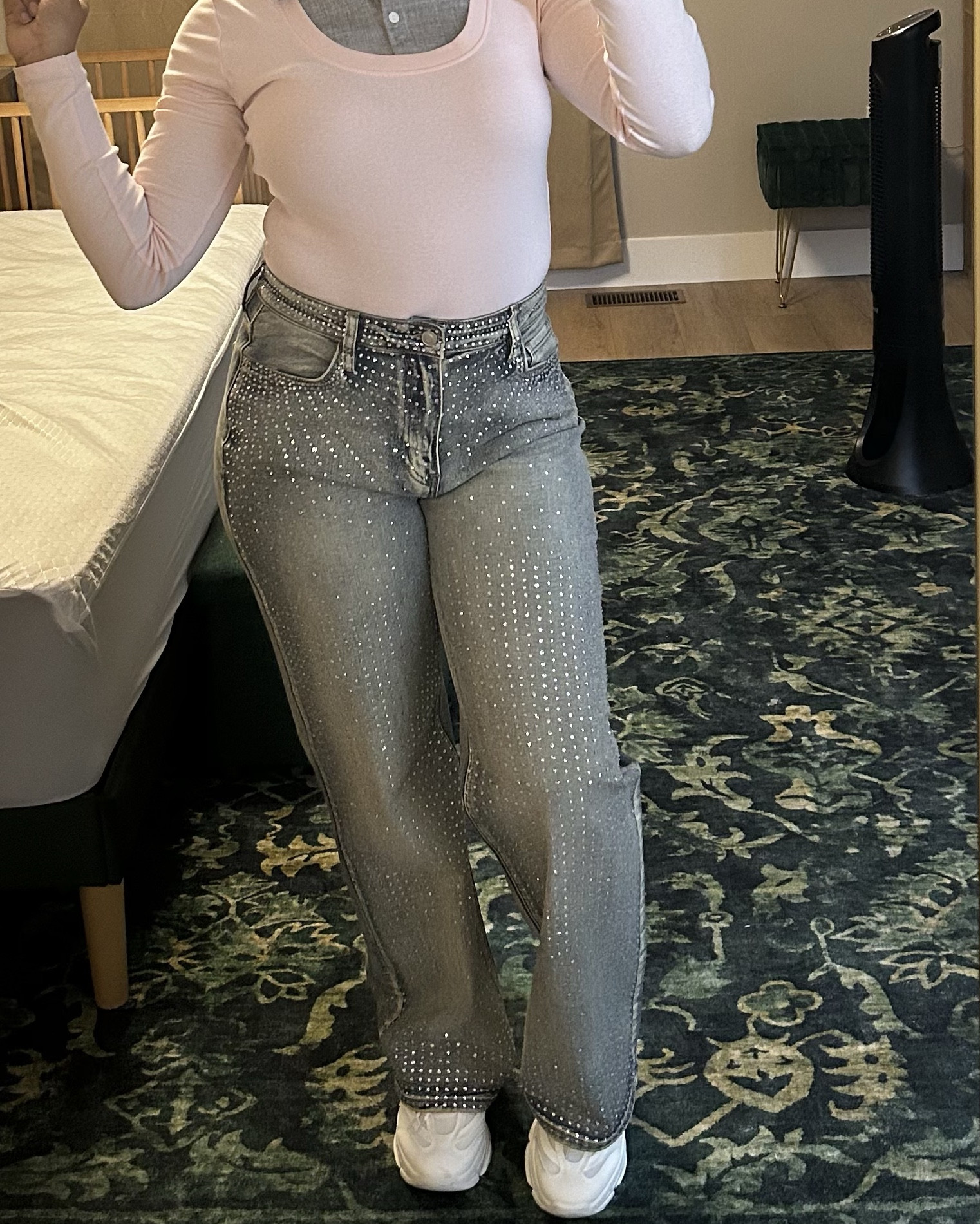 The “Chasing a Dream Embellished Stretch Jeans” from Fashion Nova. You definitely need these! I got size 13 and wish I got 11 but they are still amazing! 