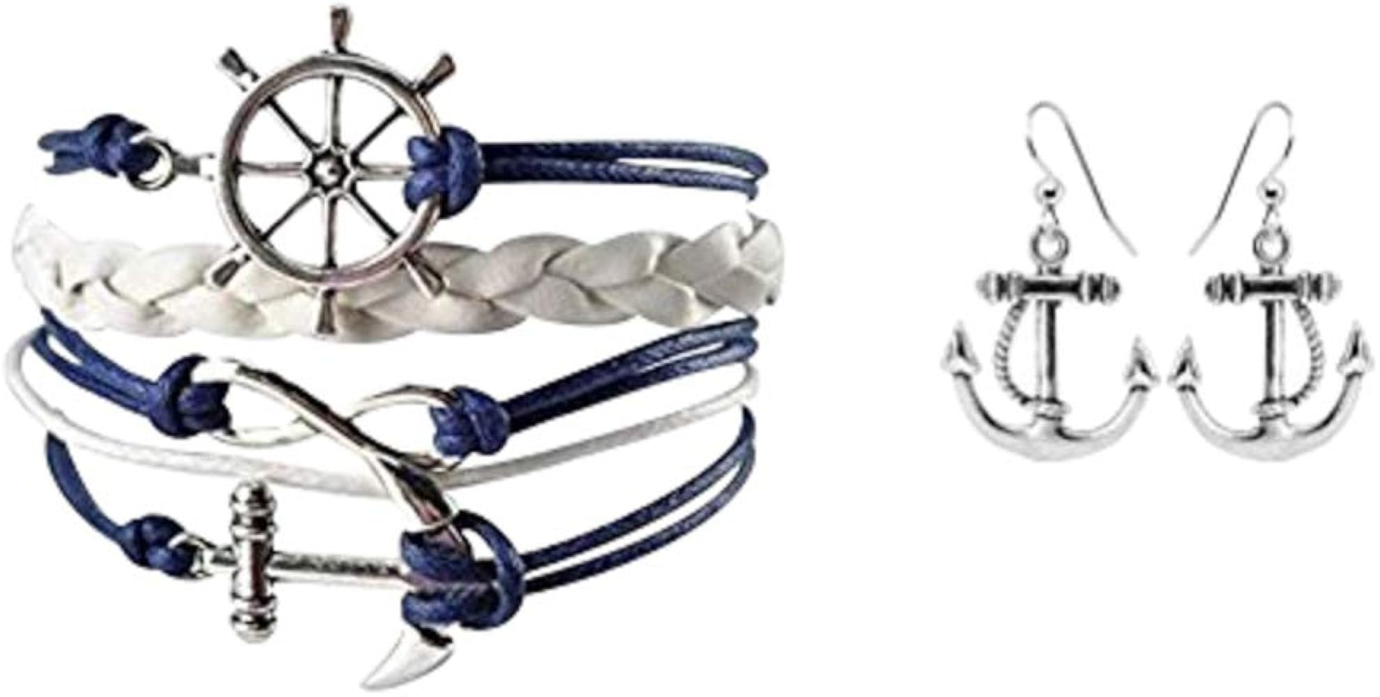 Infinity Collection Nautical Anchor Charm Earrings & Bracelet for Women, Navy & White Anchor Brai... | Amazon (US)
