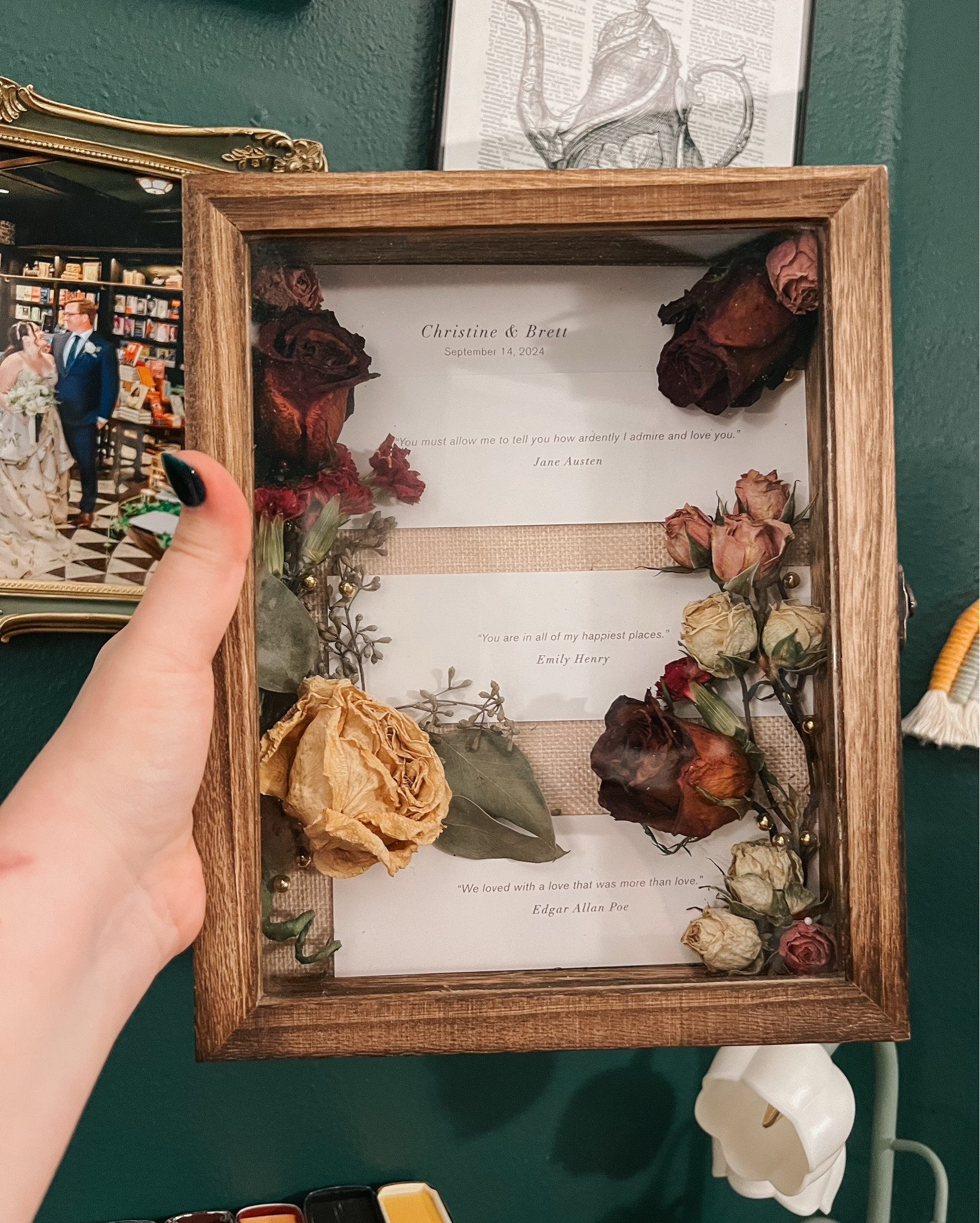 My weekend project 💐 I bought this shadow box with the intention of highlighting some dried flowers, along with Brett’s wedding boutonnière and the literary bookmarks we had as favors. It took a little trial and error, but I’m so happy with how it turned out! The frame came with a variety of pins and I bought some more aesthetic gold pins. I wound up using a mix of both. I used the 8 x 10 size shadow box, but it comes in a few sizes and colors! 

#LTKFamily #LTKHome #LTKWedding