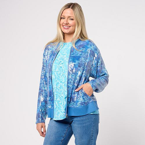 DG2 by Diane Gilman Printed Sequin Bomber Jacket - Marine Blue Watercolor Floral - Size Medium | HSN