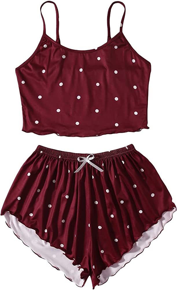 OYOANGLE Women's Cute Polka Dot Bow Lettuce Trim Cami Top and Shorts Sleepwear 2 Piece Pajama Set | Amazon (US)