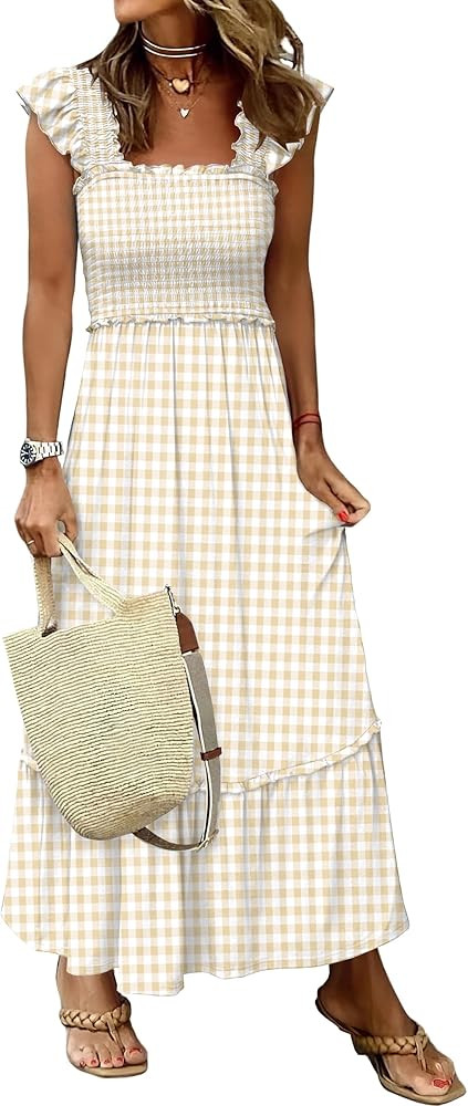 ANRABESS Womens Summer Sleeveless Maxi Dress Square Neck Smocked Boho Casual Ruffle Strap Flowy A... | Amazon (US)