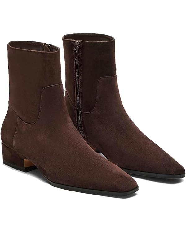 Coutgo Womens Booties Low Heel Ankle Boots Square Pointed Toe Chunky Heel Side Zipper Dressy Fall... | Amazon (US)