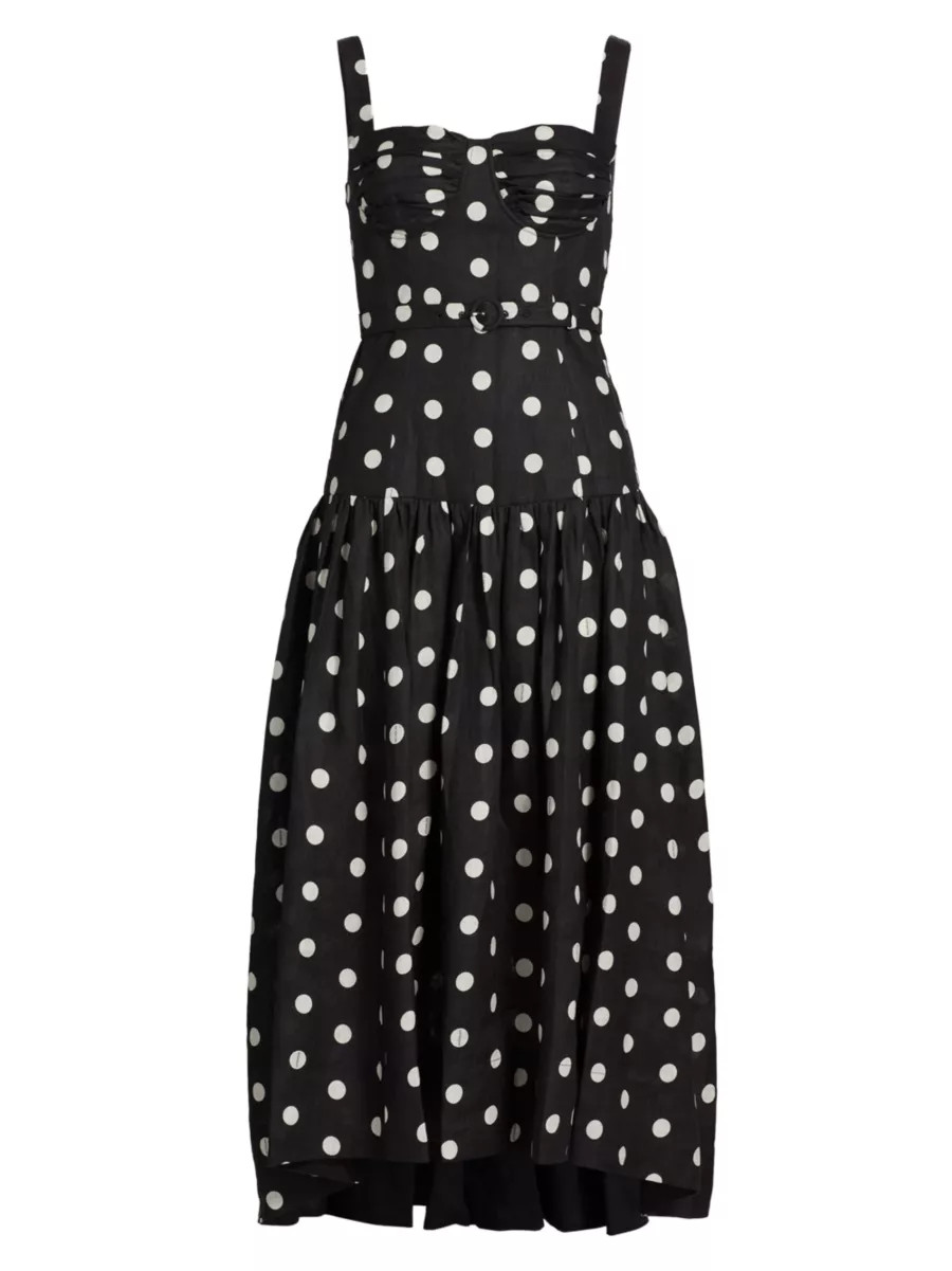 Drenica Polka Dot Linen Drop-Waist Midi-Dress | Saks Fifth Avenue