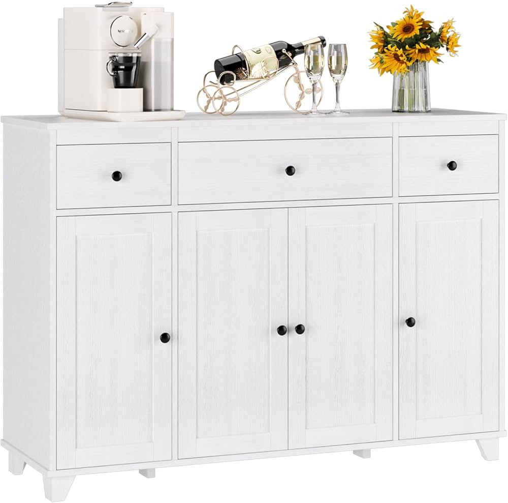 HIFIT Buffet Cabinet White Sideboard Storage Cabinet with 3 Drawers & 4 Doors Adjustable Shelves,... | Amazon (US)