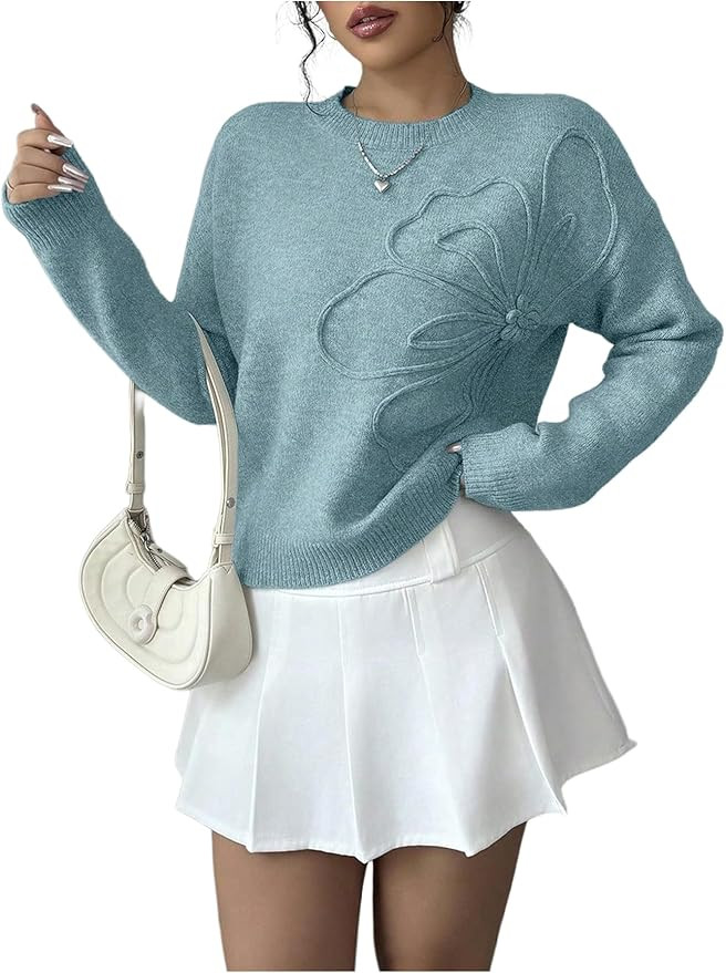 Women's 3D Floral Appliques Crewneck Sweaters Long Sleeve Drop Shoulder Pullovers Elegant Knit To... | Amazon (US)