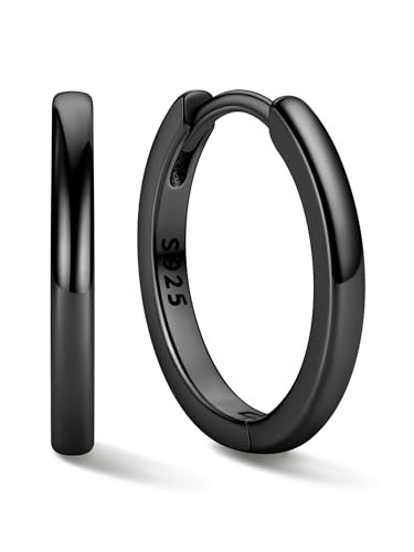 ChicSilver Black Small Hoop Earrings for Women Small Black Earrings for Women Silver Huggie Hoop Earring 14MM | Amazon (US)