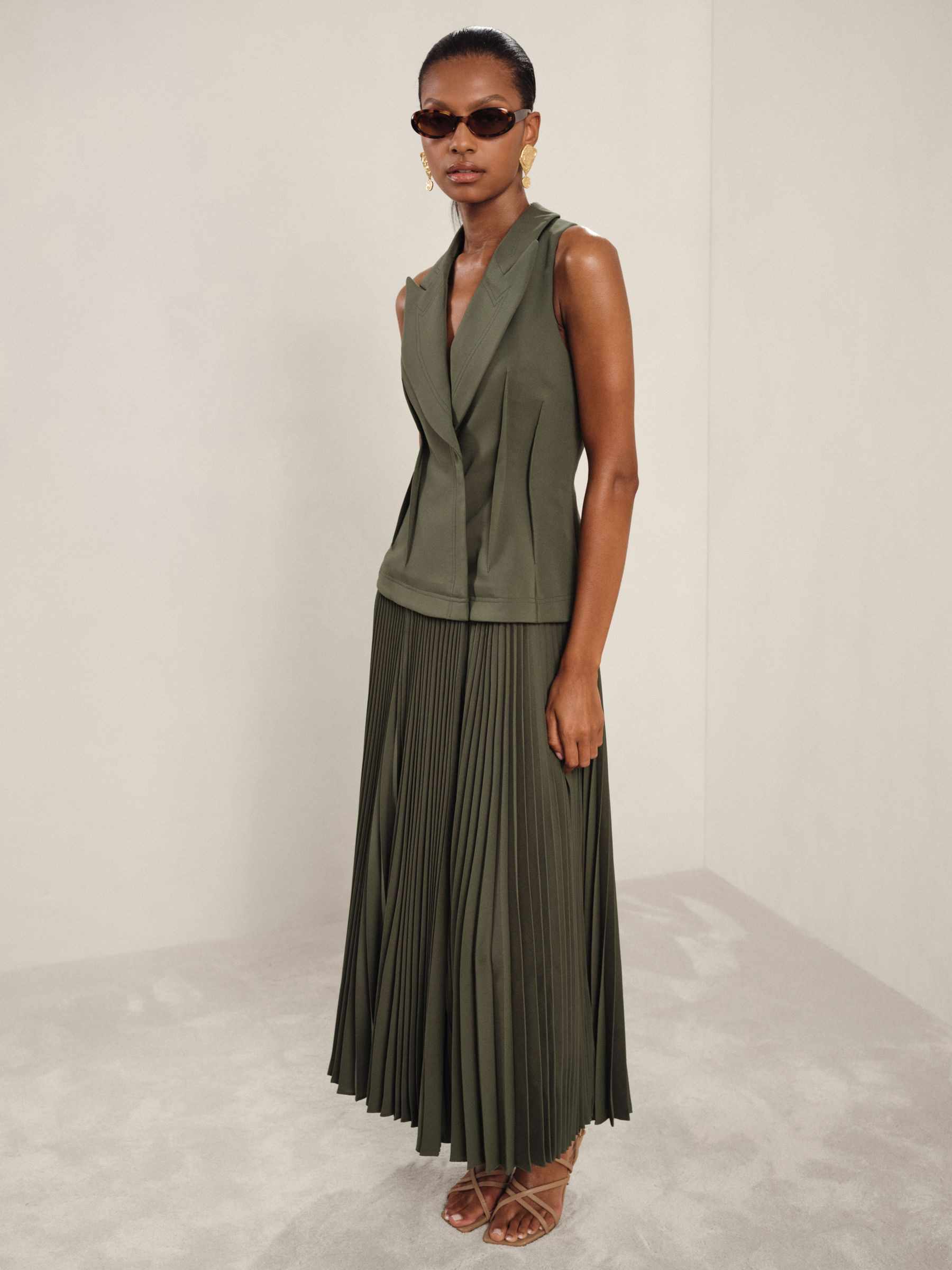 Acler Dark Olive Green Waistcoat Bodice Pleated Dress in Dark Olive Green | Reiss UK