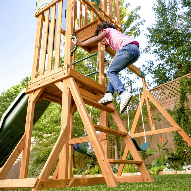 KidKraft Hawk Tower Wooden Swing Set with Slide and 2 Belt Swings, 9.9 feet Tall | Walmart (US)