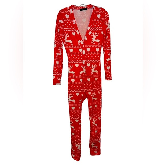 CBR Red Heart Deer Button-down Front V-neck Buttoned Flap Jumpsuit Pajama Onesie | Poshmark
