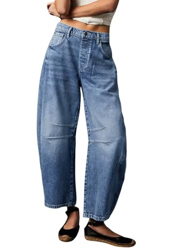 Womens Stretchy Mid Rise Barrel Jeans Vintage Loose Wide Leg Cropped Denim Pants Y2k Baggy Boyfriend Jeans (Small,Blue) | Amazon (US)