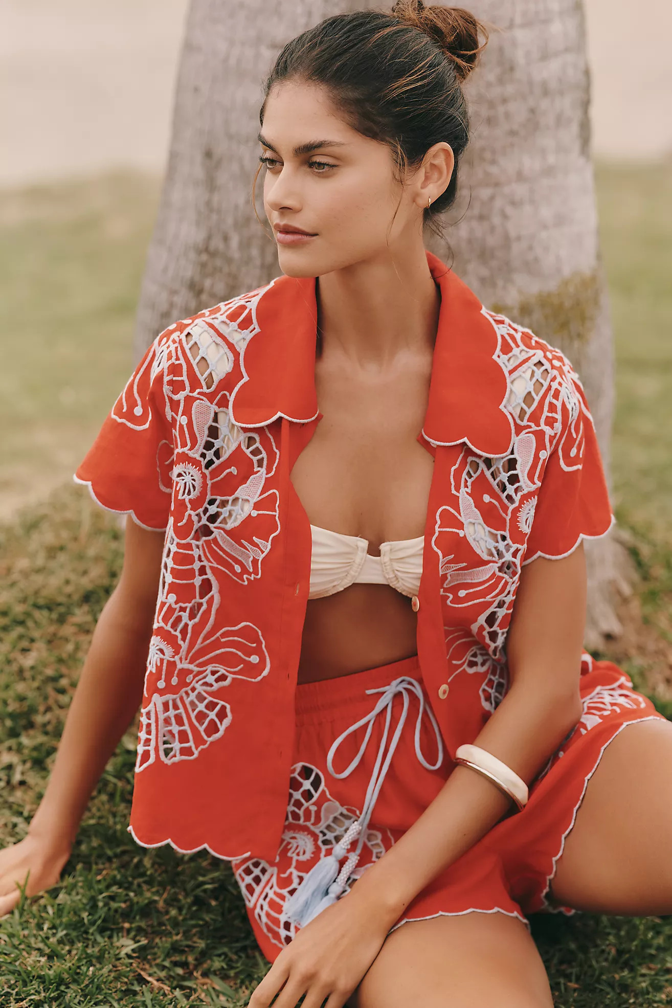 Farm Rio Linen Embroidered Buttondown Shirt | Anthropologie (US)
