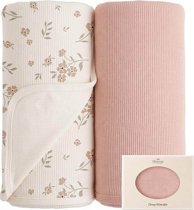 Konssy Ribbed Knit Baby Blankets 2 Pack, Stretchy Lightweight Swaddle Blanket for Boys & Girls, S... | Amazon (US)