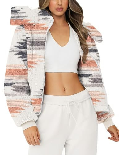 Micoson Womens Winter Coats Casual Lapel Collar Fashion Jackets Cropped Sherpa Warm Tops Zipper Front Outwear with Hood (White Floral, L) | Amazon (US)