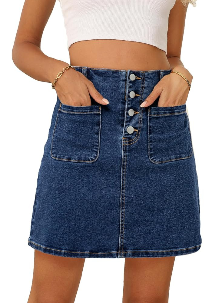 Sidefeel Women's Jean Skirt High Waist Summer Stretch Zimbaplatinum Denim Skirt Button Mini Skirt... | Amazon (US)