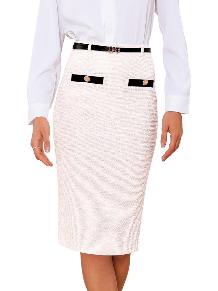 Allegra K Pencil Skirt for Women Midi Length High Waisted Tweed Skirt Button Decor Bodycon Office... | Amazon (US)