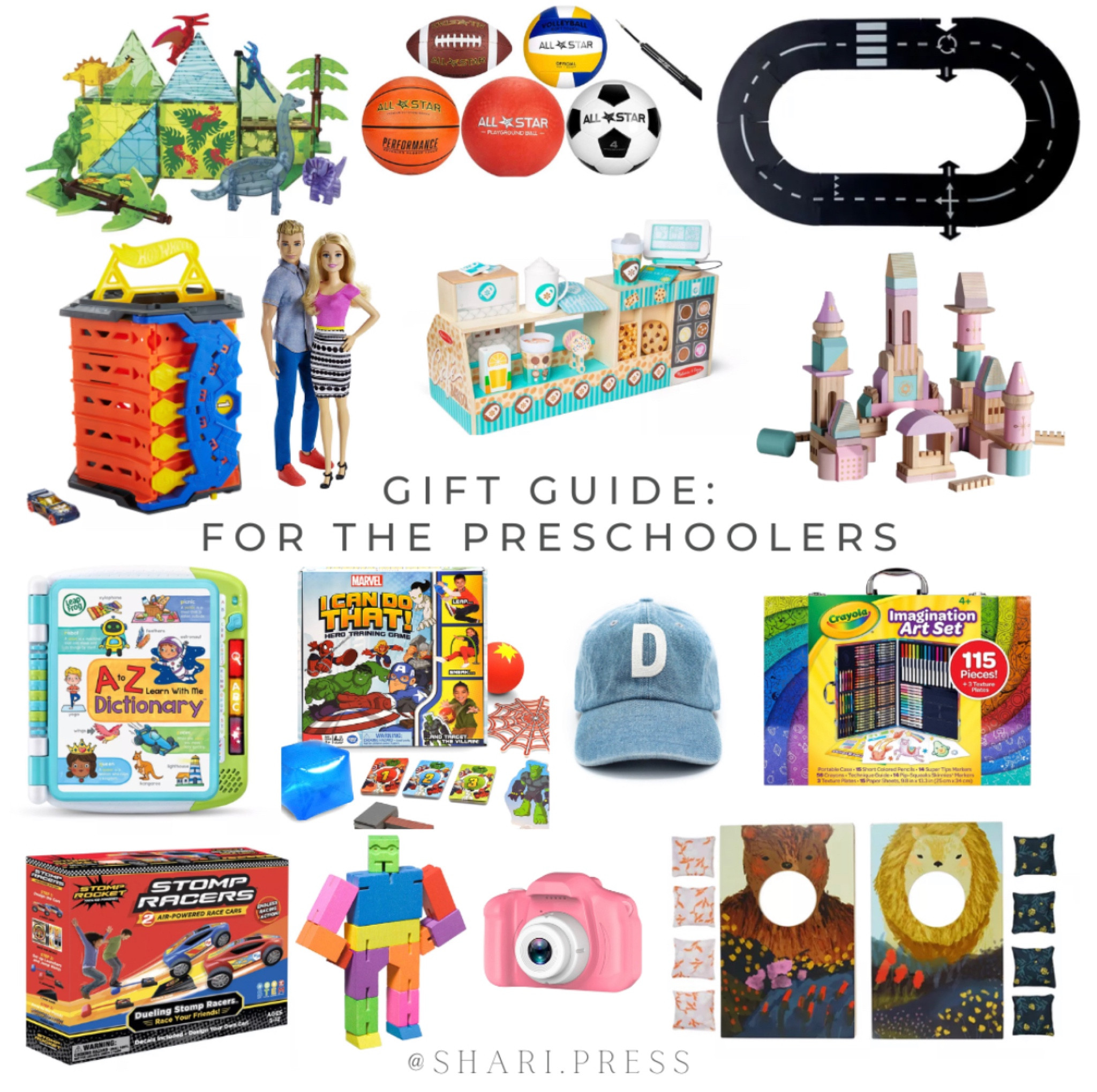 Gift guide for preschoolers. All would be great for 3 years old and up! Dinosaur magnatiles, sports balls, rubber road, hot wheels race track, Barbie & Ken, Melissa & Doug barista coffee shop set, princess building blocks, Leap Frog A to Z learning dictionary, Marvel board game, Rey to Z hat, Crayola art set, stomp racer toy, wooden robot puzzle cube, kids camera, bean bag toss. Any items from Target can currently apply a 25% off coupon on one toy or book. 

#LTKHoliday #LTKkids #LTKCyberweek