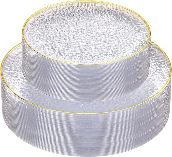 Hioasis 60pcs Clear Plastic Plates - Gold Rimmed Disposable, Hammered, Heavy-duty Dinnerware Set ... | Amazon (US)