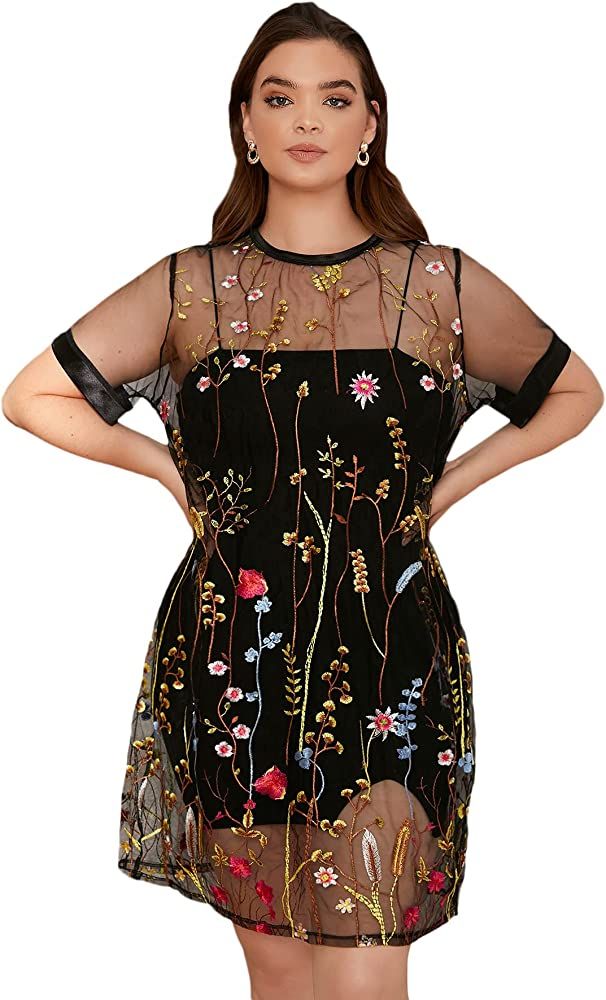 Romwe Women's Plus Size Floral Embroidery Short Sleeve Mesh See Through Tunic Dress Without Camisole | Amazon (US)