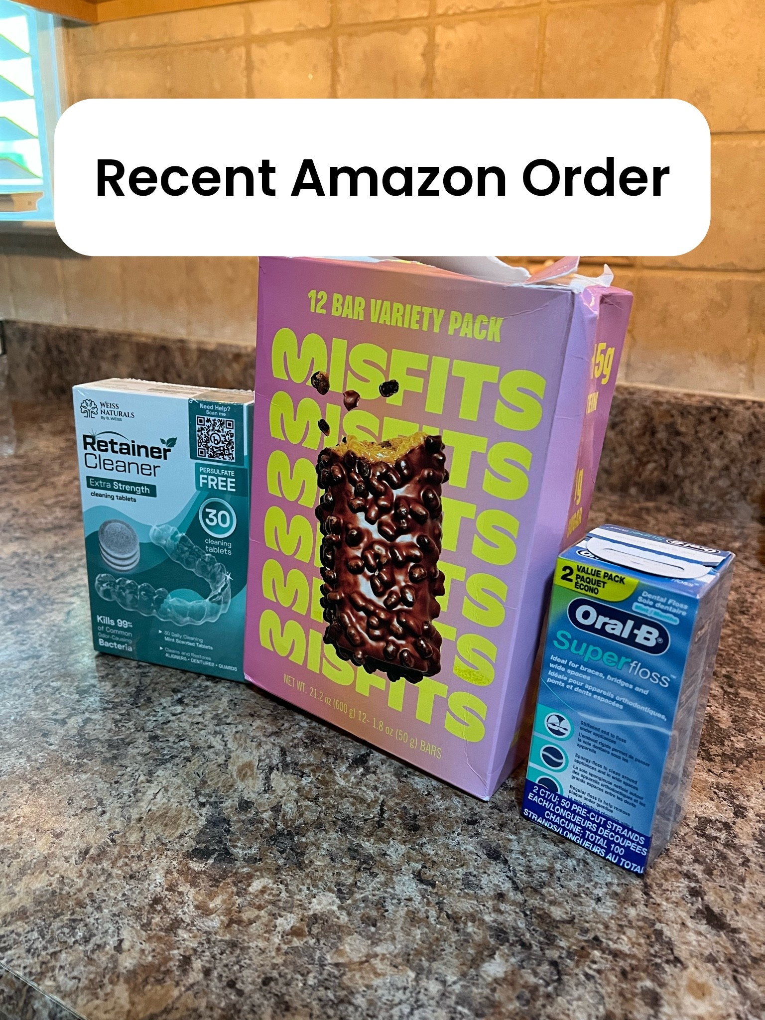 Recent Amazon Order - #misfitsproteinbars #proteinbar #oralb #superfloss #retainercleaner #amazonorder #beauty #oralcare

#LTKselfcare #LTKfoodie