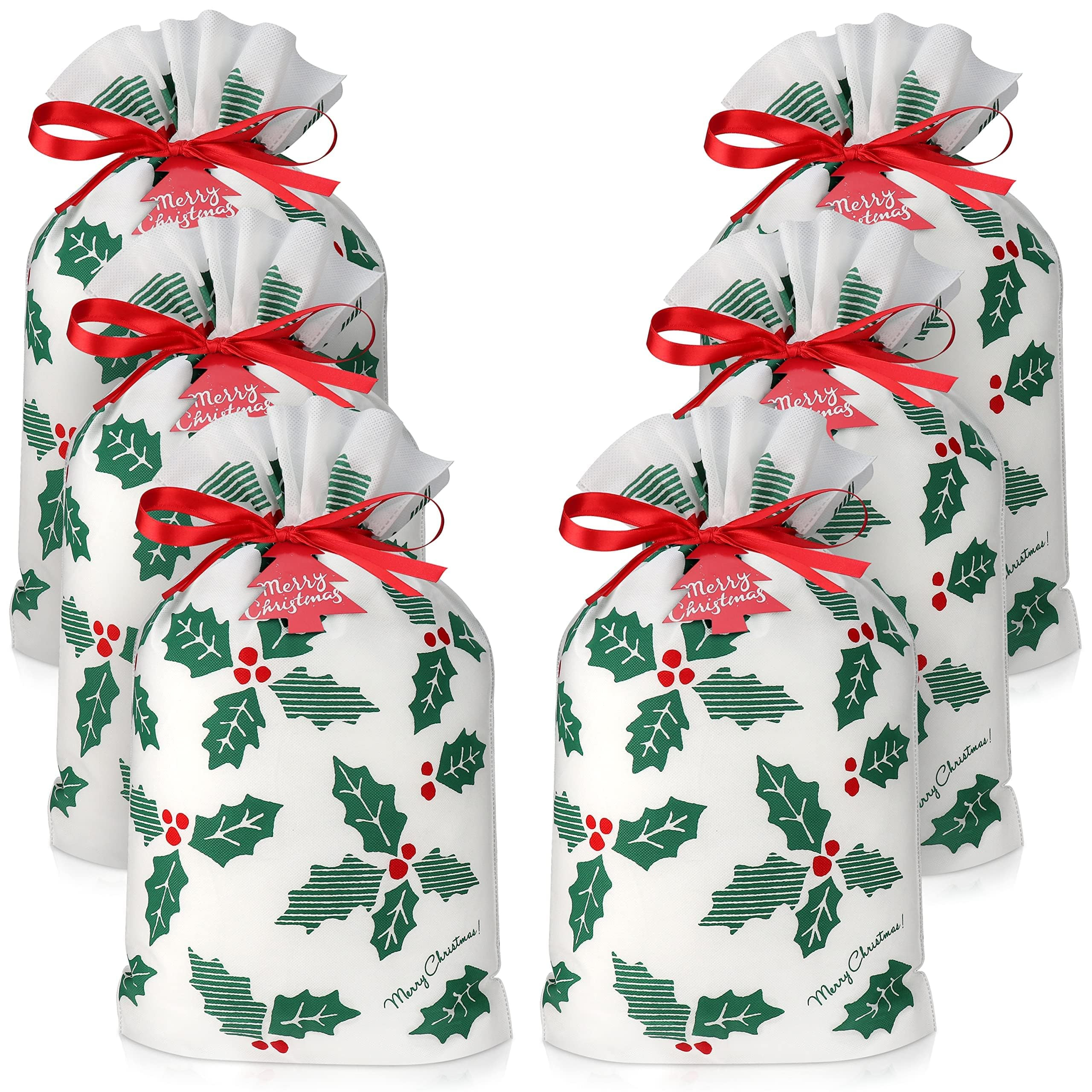 Holly Large Reusable Christmas Bags for Presents - Set of 6 with Drawstring, Large Gift Wrap Bags | Amazon (US)