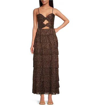 Gianni Bini Grace Metallic Plisse Sweetheart Neck Cut-Out Tiered Dress | Dillard's | Dillard's