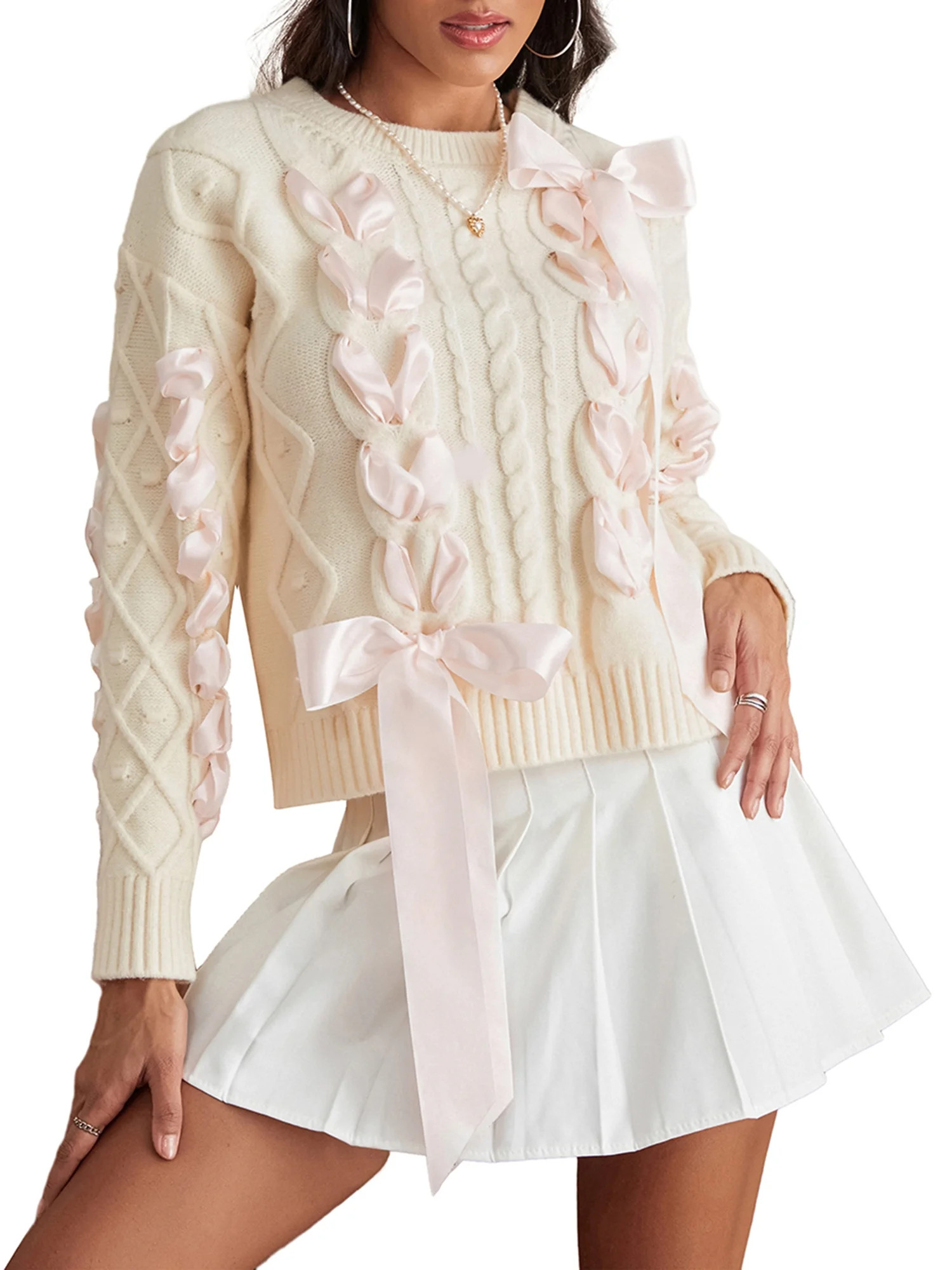 Arvbitana Women's Cute Sweater Long Sleeve 3D Bow Cable Knit Pullovers Casual Loose Crew Neck Kni... | Walmart (US)