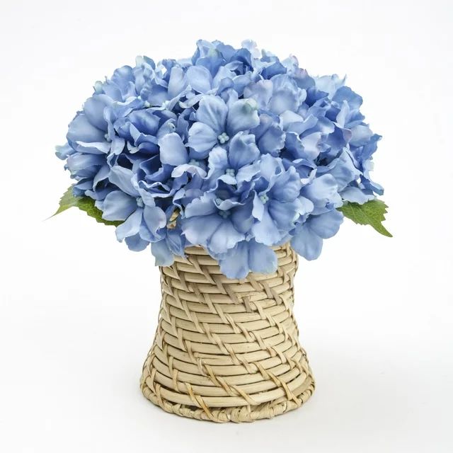 Better Homes & Gardens 7.8in Artificial Blue Hydrangea Flowers in Woven Rattan Vase - Walmart.com | Walmart (US)