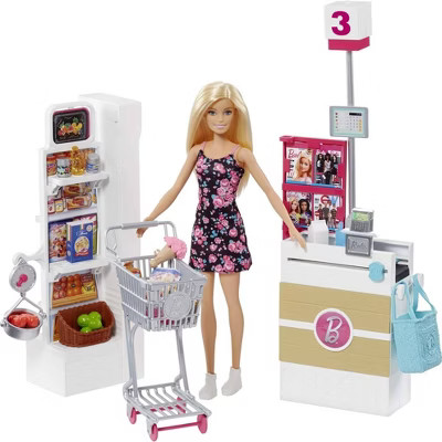 Barbie Supermarket Playset, Blonde Doll, 25 Grocery Store and Food Themed Accessories | Target