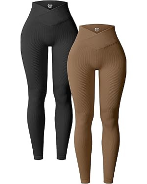 OQQ Women's 2 Piece Yoga Leggings Ribbed Seamless Workout High Waist Cross Over Athletic Exercise... | Amazon (US)