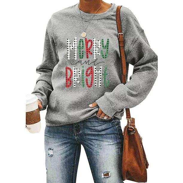VILOVE Christmas Sweatshirts for Women Merry Bright Graphic Print Long Sleeve Shirts Christmas Cr... | Walmart (US)