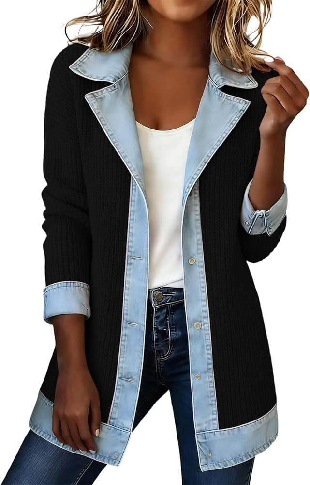 Denim Patchwork Womens Knit Shirts, Casual Collared Loose Button down Workout Long Sleeve Jacket ... | Amazon (US)