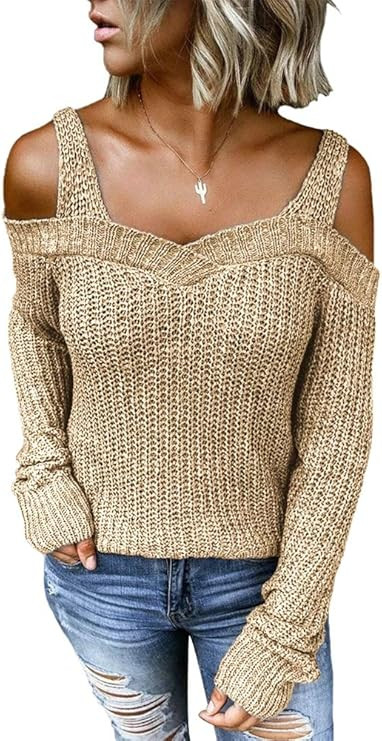 Rungion Women's Sexy Long Sleeve Cold Shoulder Knit Sweater Tops Jumper Sweaters | Amazon (US)