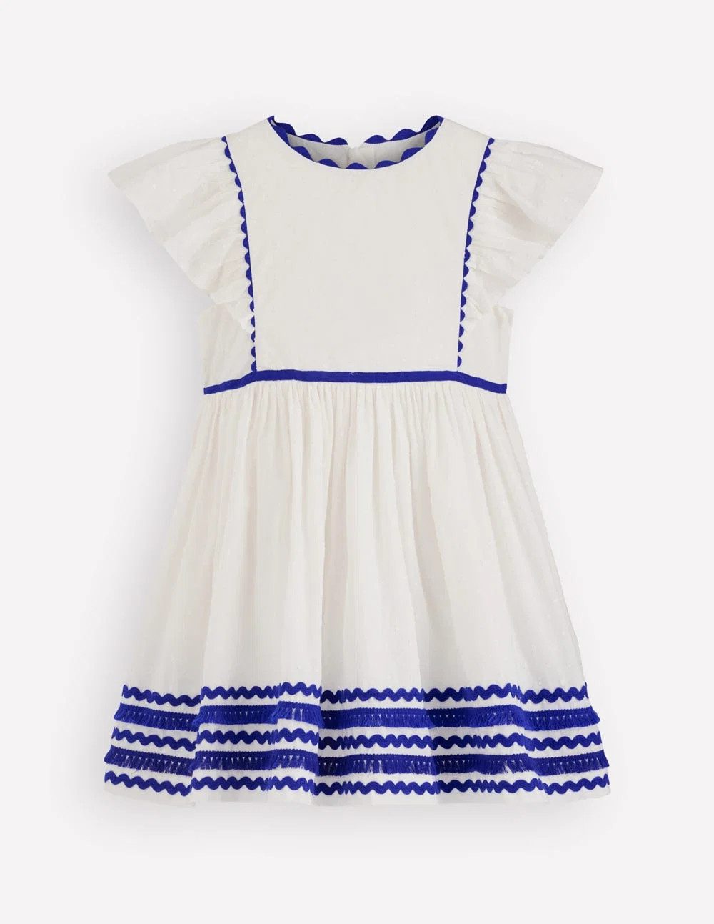 Flutter Sleeve Ric Rac Dress-Soft Ivory/ Bright Blue | Boden (US)