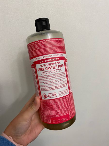 Dr Bronner’s pure Castile liquid soap is amazing! Has 18 in 1 uses and has been amazing for our household trying to go dye free. 

Soap, hand soap, cleaning product, dye free

#LTKbeauty #LTKfamily #LTKhome