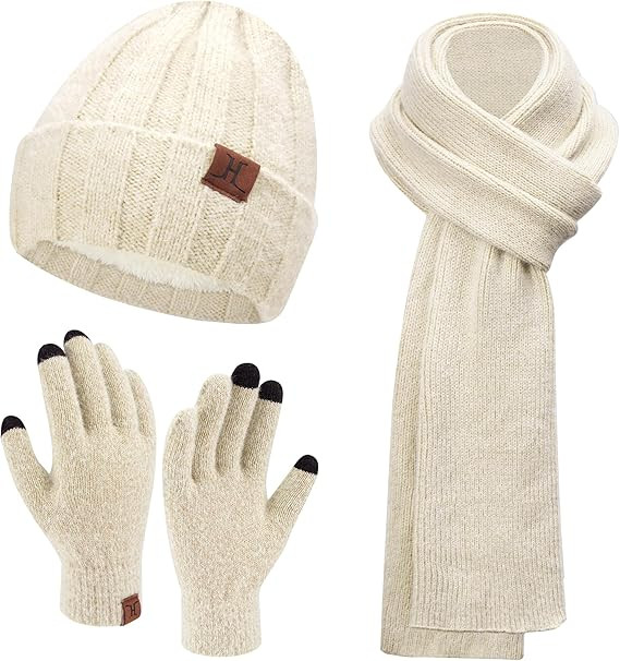 Womens Winter Warm Knit Beanie Hat Touchscreen Gloves Long Neck Scarf Set with Fleece Lined Skull... | Amazon (US)