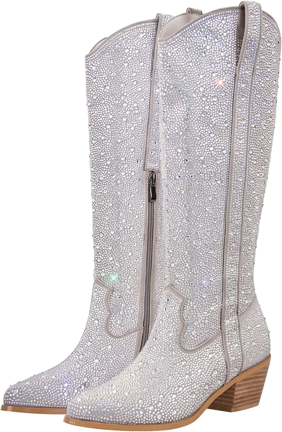 MissHeel Sparkly Rhinestones Knee High Boots Chunky Heels | Amazon (US)