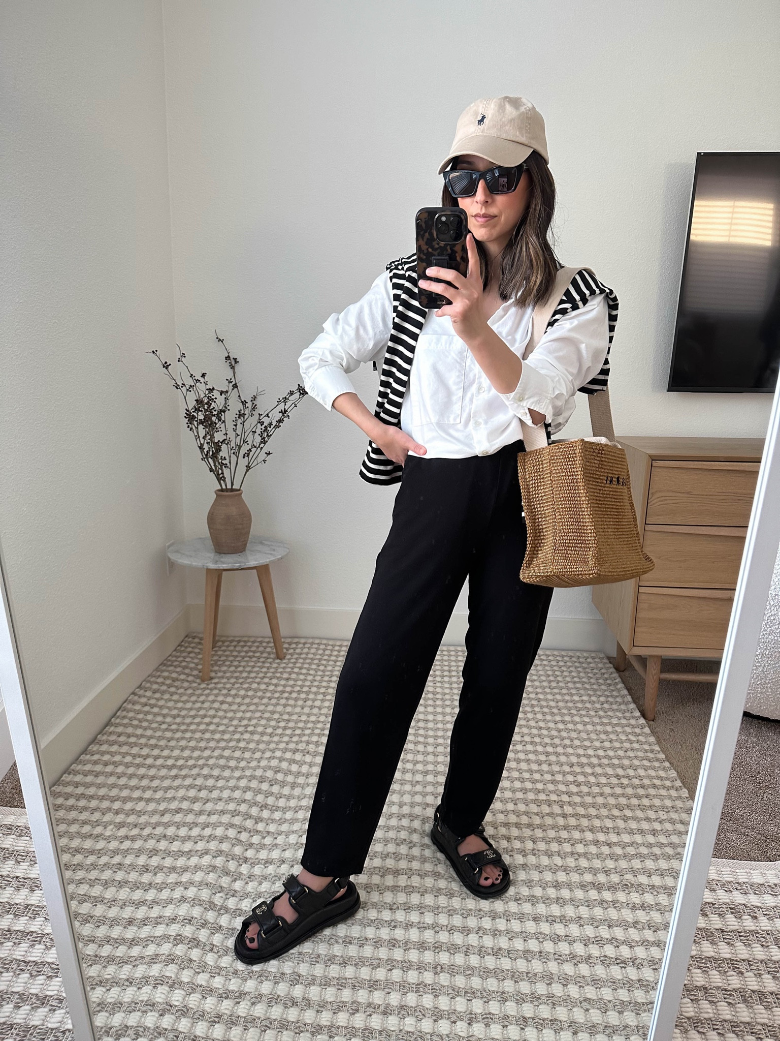 Palm desert travel outfits. My favorite button down from AYR. Runs big, but love the fit. These jersey pants are amazing! Great for warm weather. Come in petite sizes. 

Shirt - AYR xs
Striped shirt - Free Assembly xs
Pants - Eileen Fisher petite xs
Sandals - Chanel 35
Bag - Marni 
Hat - Polo Ralph Lauren
Sunglasses - YSL Mica 

Petite style, tonal style, neutral outfit, capsule wardrobe, minimal Style, street style outfits


#LTKitbag #LTKtravel #LTKshoecrush