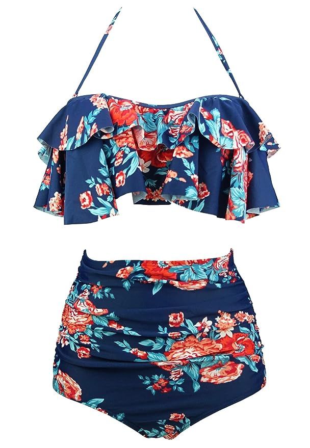 COCOSHIP Women's Retro Boho Flounce Falbala High Waist Bikini Set Chic Swimsuit(FBA) | Amazon (US)