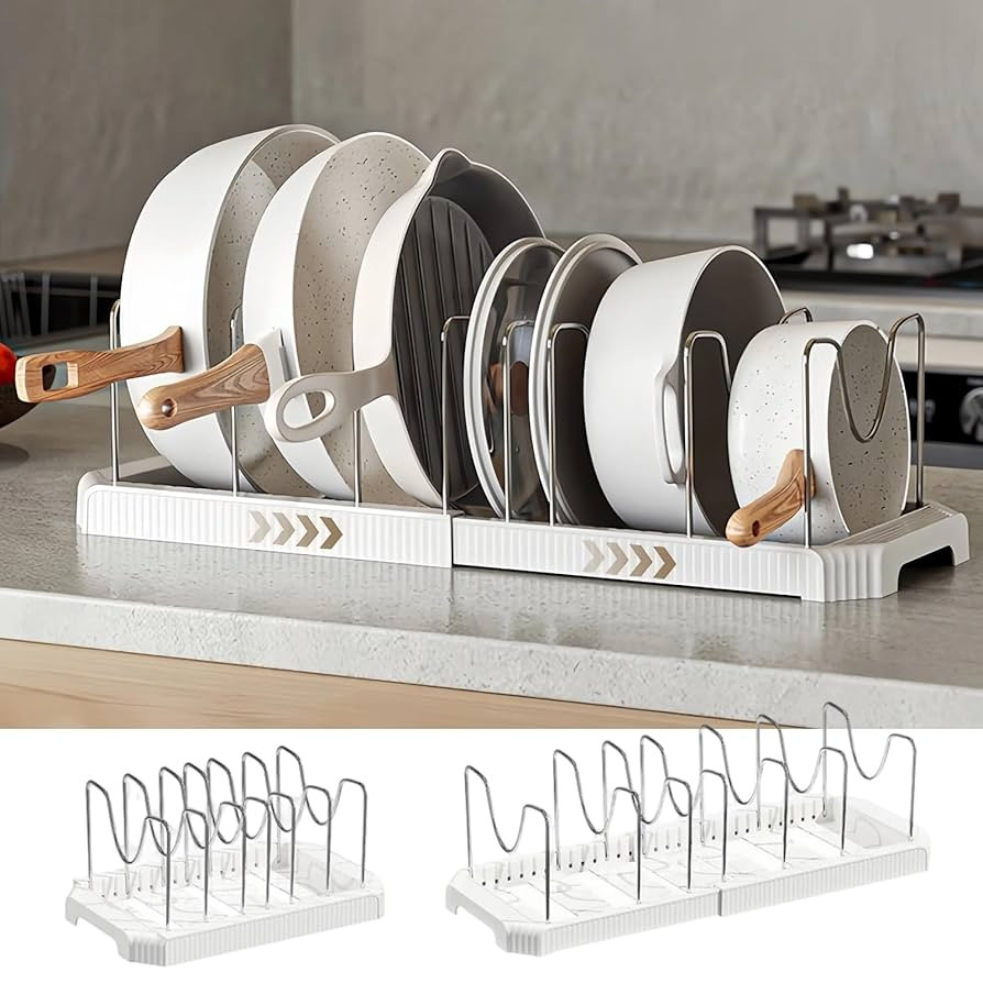 Expandable Pot and Pan Organizer Rack for Kitchen Cabinet or Under Sink, Adjustable Lid Holder wi... | Amazon (US)
