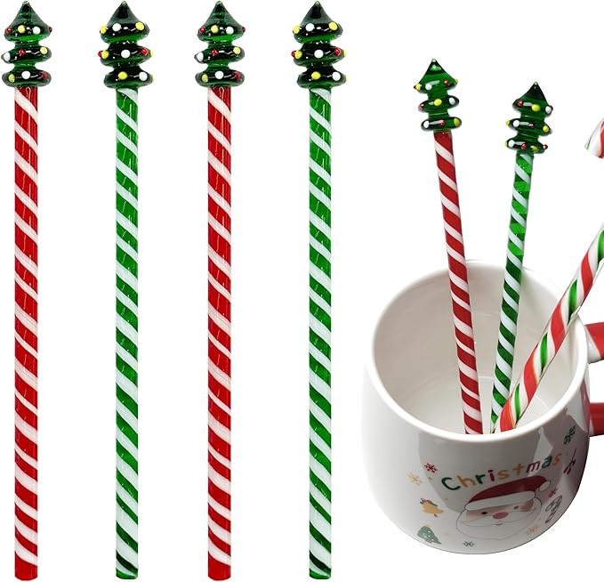 Christmas Tree Glass Stir Sticks - 6.88" Cute Swizzle Stick for Coffee & Cocktails - Festive Red,... | Amazon (US)