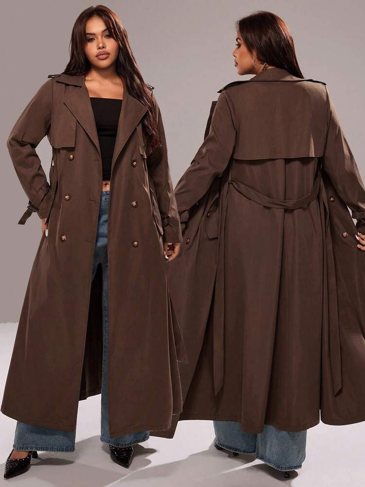 Rustia Plus Size Women's Solid Color Long Sleeve Double-Breasted Long Casual Trench Coat Fall Win... | SHEIN