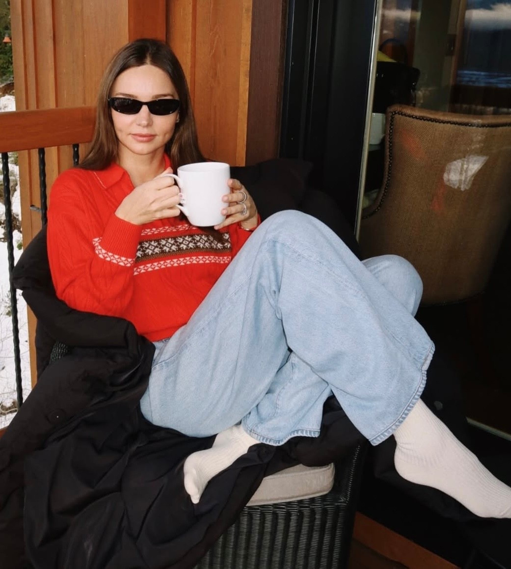 Miranda Kerr cozy sweater Crafted of wool and cashmere, the Cable Collegiate polo is cable-knit with Fair Isle-inspired patterning.￼