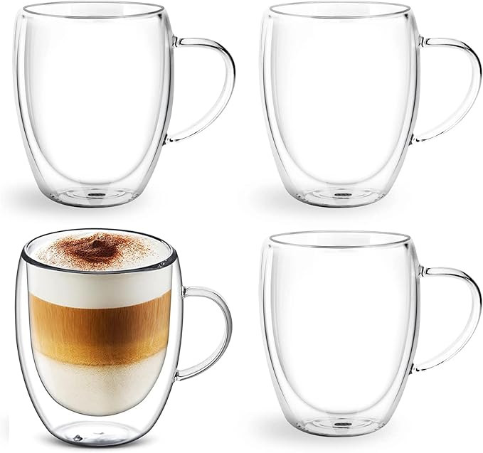 Ciuitixi 4x350ml Double Walled Glass Coffee Cups and Mugs with Handle, Cappuccino Latte Macchiato... | Amazon (UK)