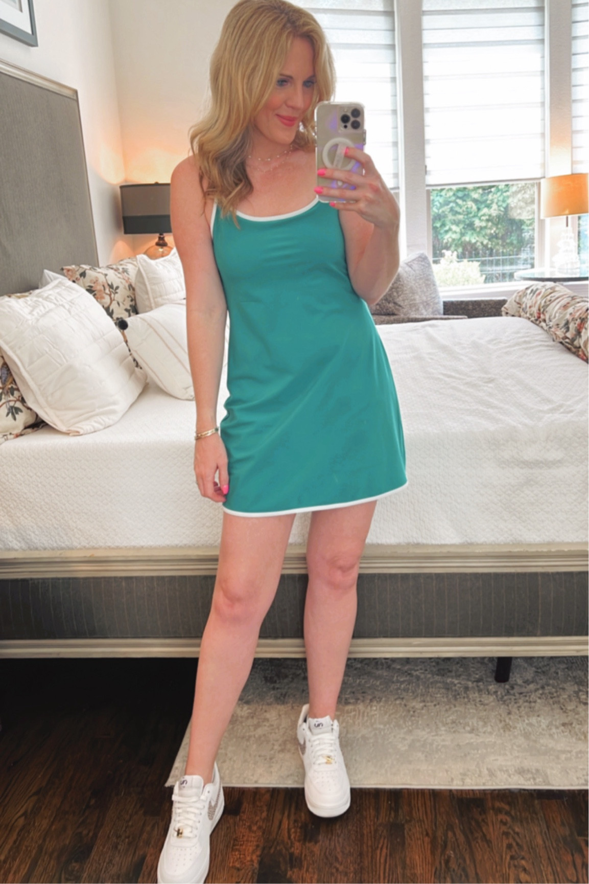 Casual spring dress 
Casual summer dress 
Abercrombie traveler dress 
Dress with built in shorts 
Causal look 
Sporty summer dress 
Nike white sneakers 
Nike platform Air Force ones 
Green dress 
Green spring dress 
Workout dress 
Travel dress 

#LTKSeasonal #LTKtravel #LTKfindsunder100