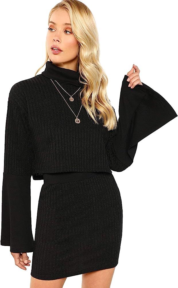 Verdusa Women's High Neck Long Sleeve Rib-Knit Sweater Crop Top & Bodycon Skirt Set | Amazon (US)