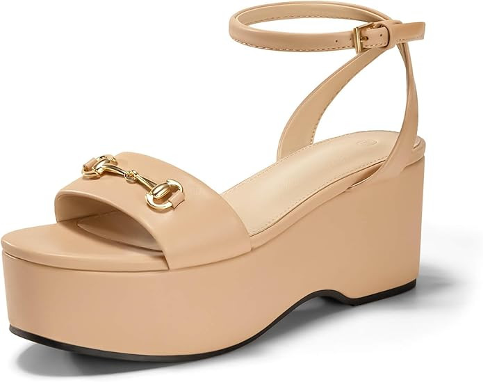 Womens Platform Sandals Chunky Wedges Heels Open Toe Ankle Strap Summer Dress Shoes with Metal Bu... | Amazon (US)