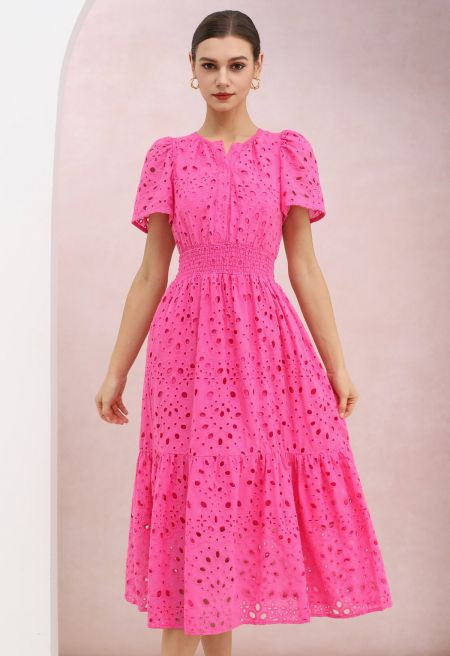 Hot Pink Eyelet Embroidery Shirred Waist Cotton Midi Dress for City Brunch & Gallery Openings | Chicwish