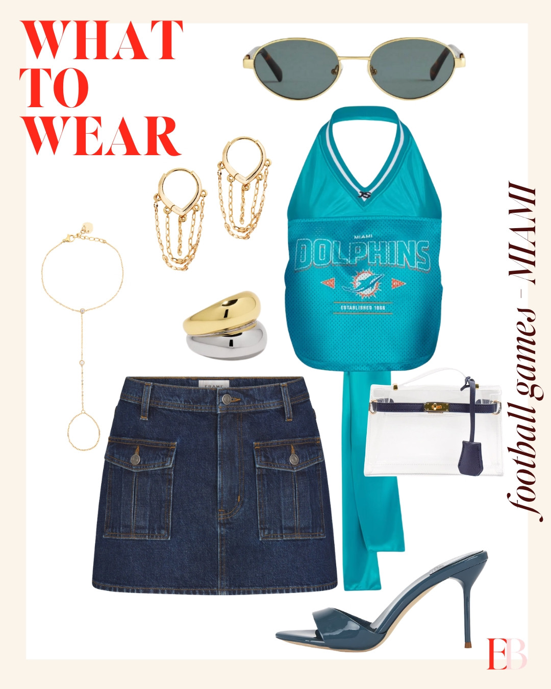 A jersey that ties is not the jersey your husband owns. A denim mini, teal heels, and a clear bag complete it. You're dressed for the game and for the dinner after. Linking another fun top option and some clear bags! 

 #LTKootd